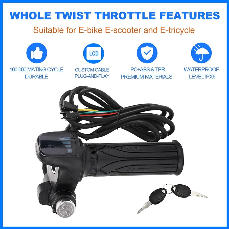 Hizoncore Ebike Full Twist Throttle Fits Ridstar Q20, 48V Plug and Play Throttle 3 Pin Easy Installation, LCD Display with Key Lock, Throttle Grips for Ebike Motorcycle Scooter (Right) - Image 3